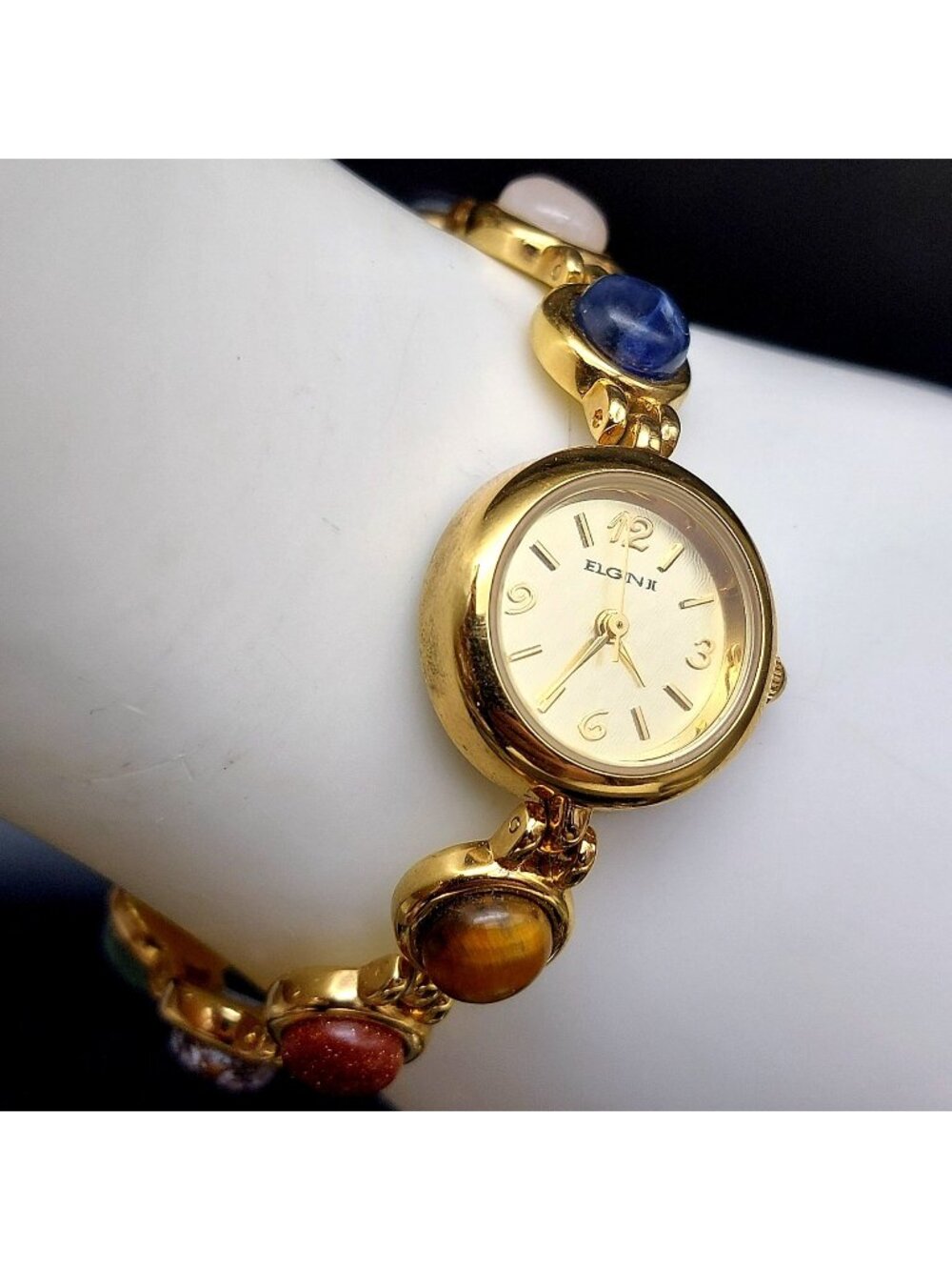 Vintage Elgin II Women’s Gold Tone Multi-Color Cabochon Stone Bracelet Watch Wor